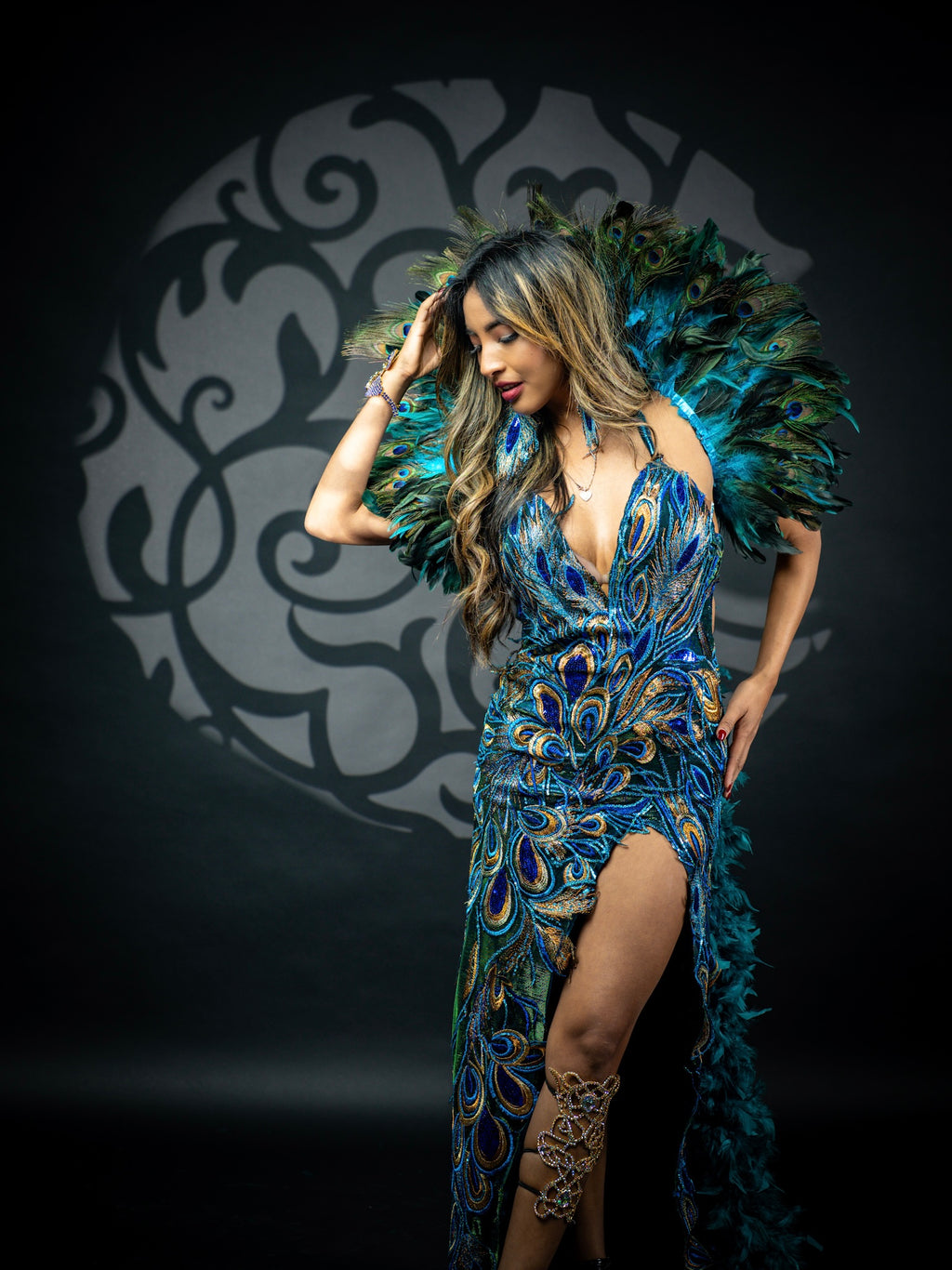 Emerald Peacock Couture Gown – Handcrafted Feather Statement Dress