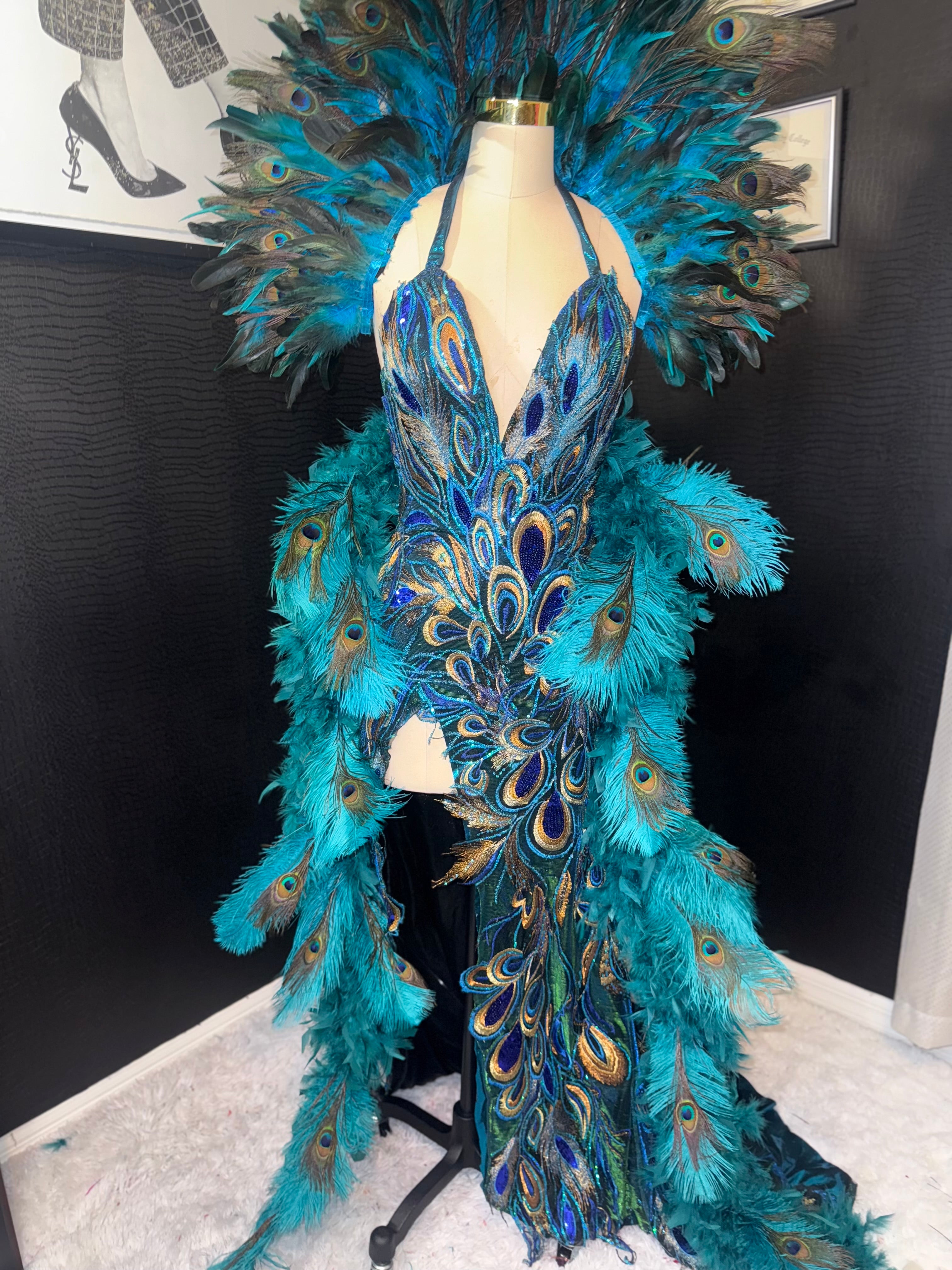 Emerald Peacock Couture Gown – Handcrafted Feather Statement Dress